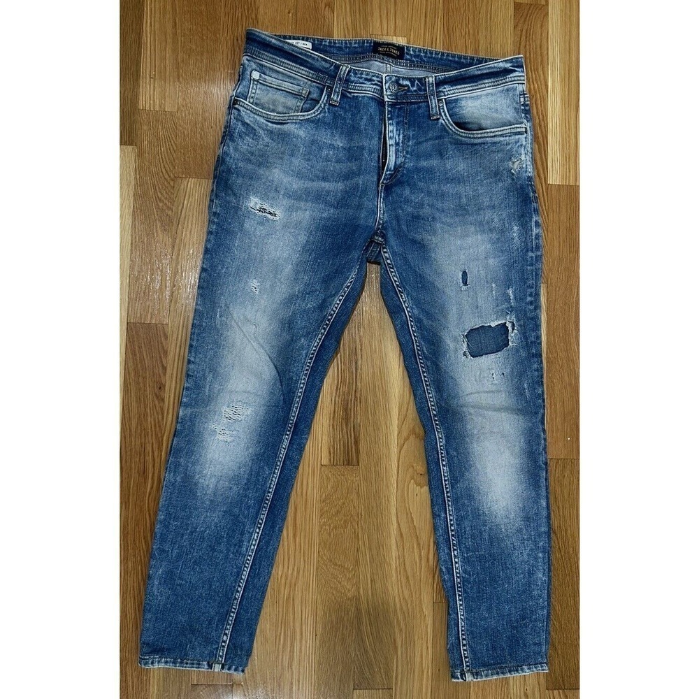 Jack & Jones Jeans Mens Sz 33x34 Distressed Stone Washed Denim Ben Skinn…